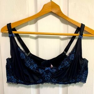 Adore Me Women's Bra 40DD Satin Underwire Black Blue Floral Lace Balconette Sexy